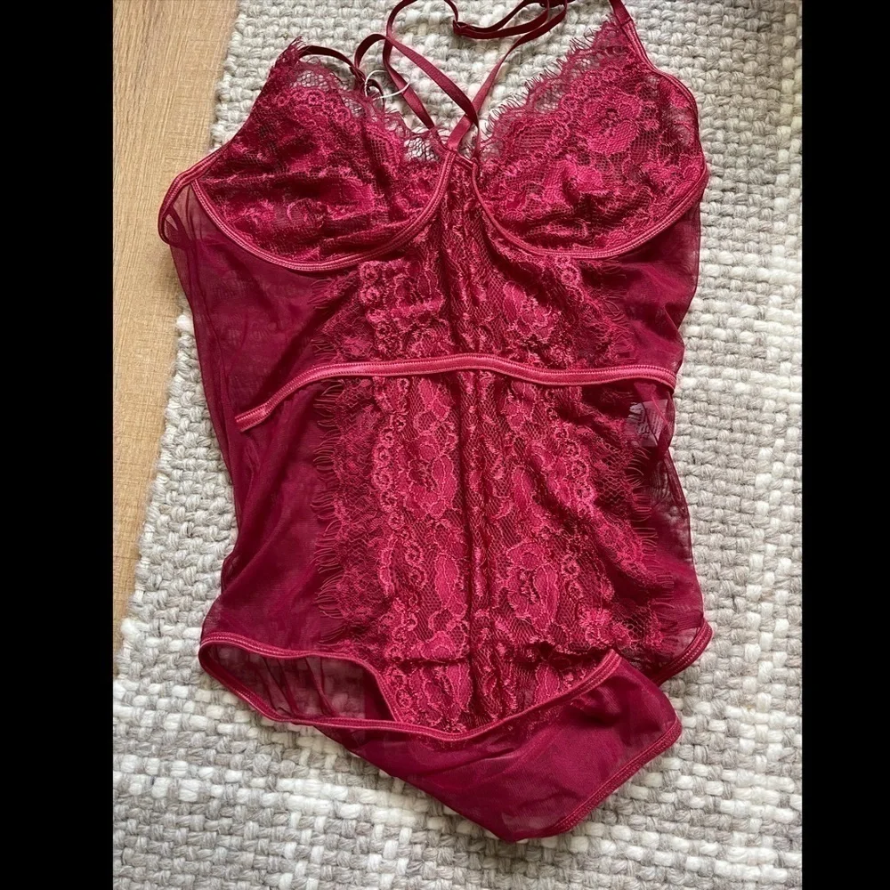 Red eyelash lace bodysuit lingerie